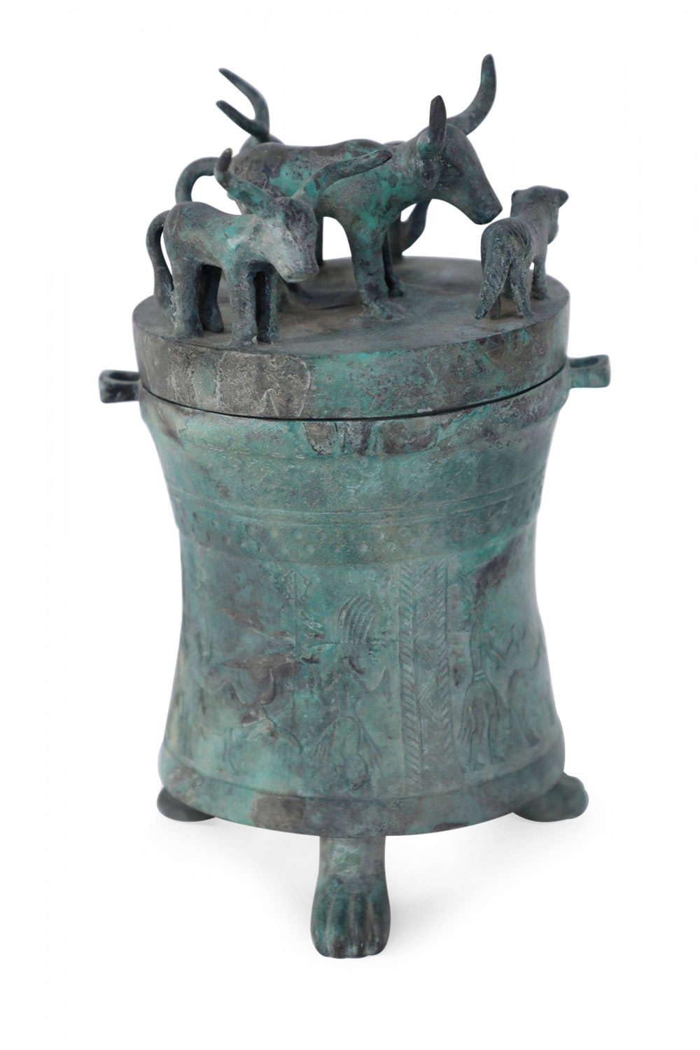 Chinese Han Dynasty Style Patinated Bronze Canister with Animal Figurine Lid